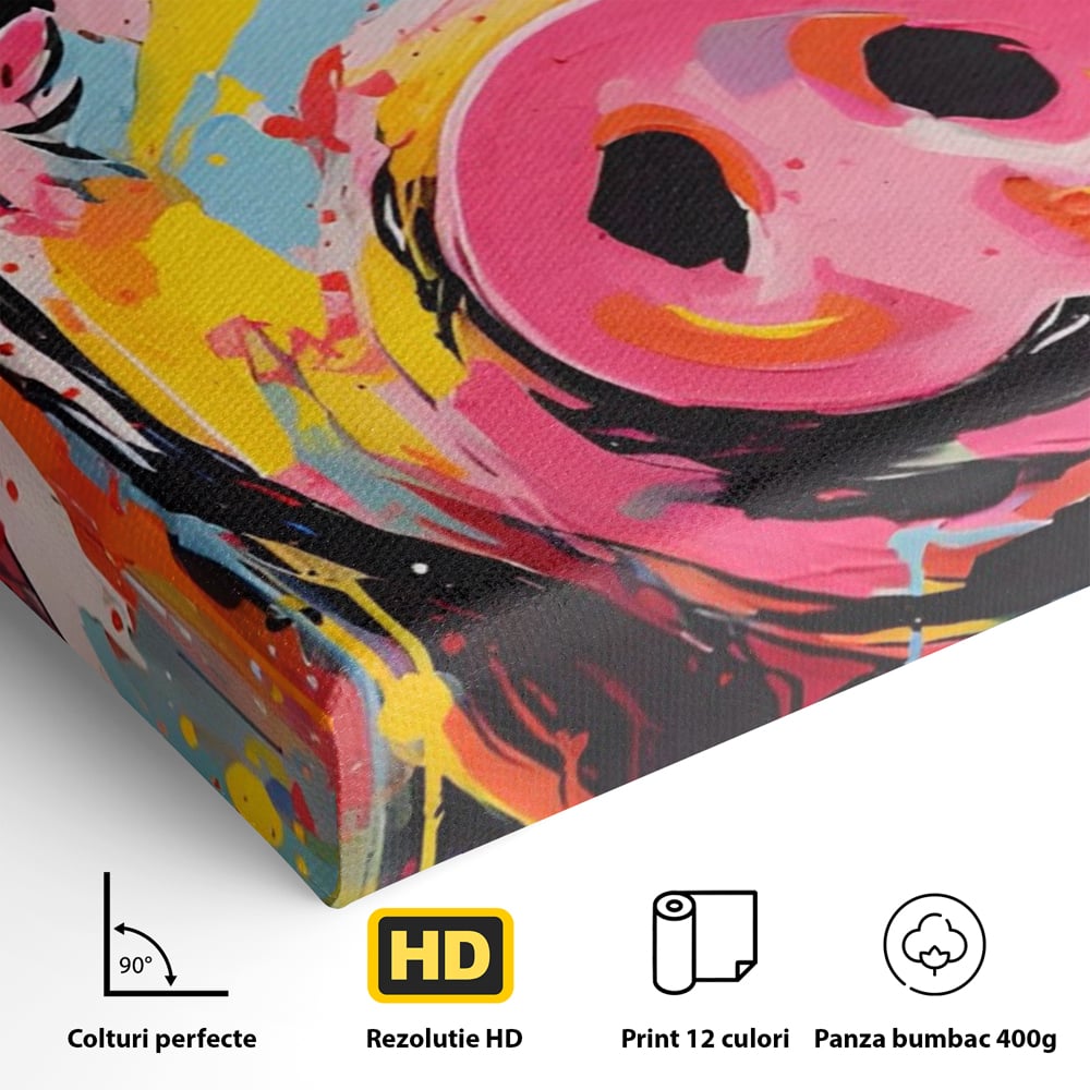 Detaliu al suprafetei: tablou canvas portret de porc colorat, fara rama, pe sasiu de lemn